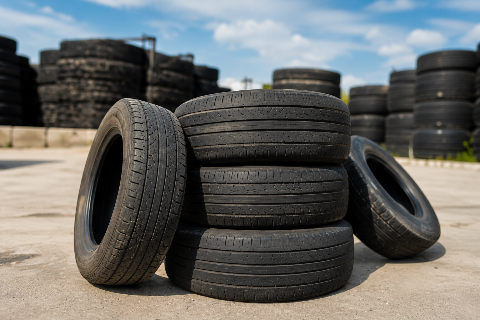 End-of-life tires being processed for recycling into reusable rubber materials
